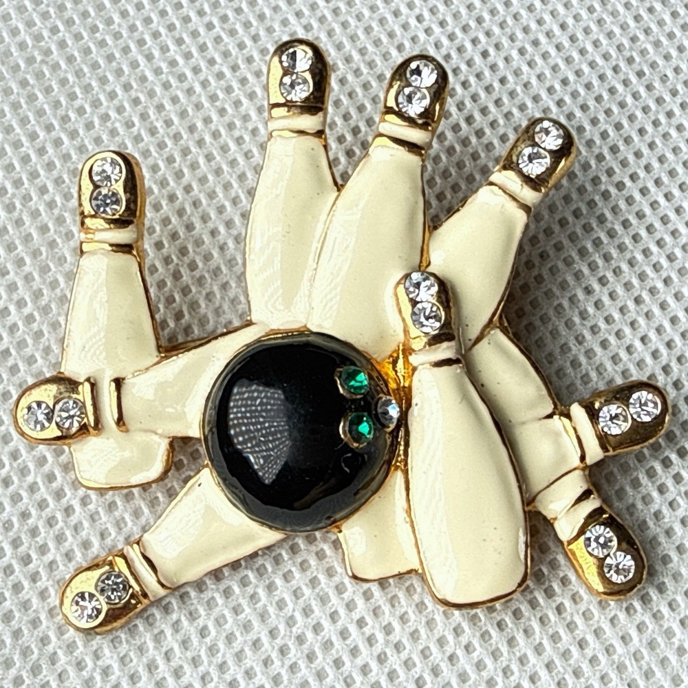 Vintage Bowling Pin Ball Brooch Gold‎ Tone Cream Black Enamel Green Rhinestones